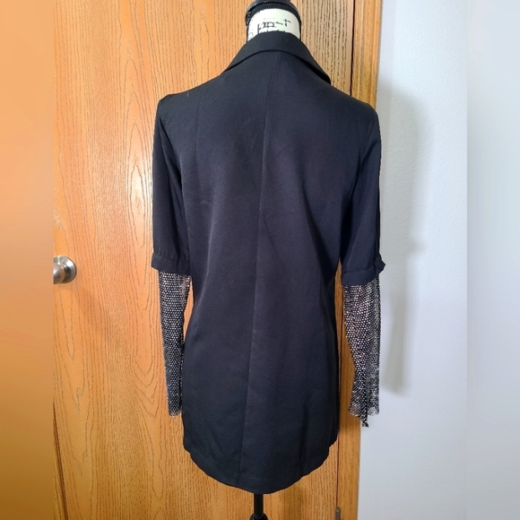 Glamorous black blazer with rhinestone netting sleeves and bow accent collar - Picture 3 of 3